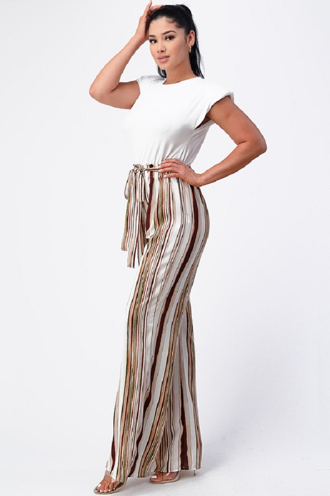 Padded Shoulder Sleeveless Top with Wide Leg Pants Jumpsuit