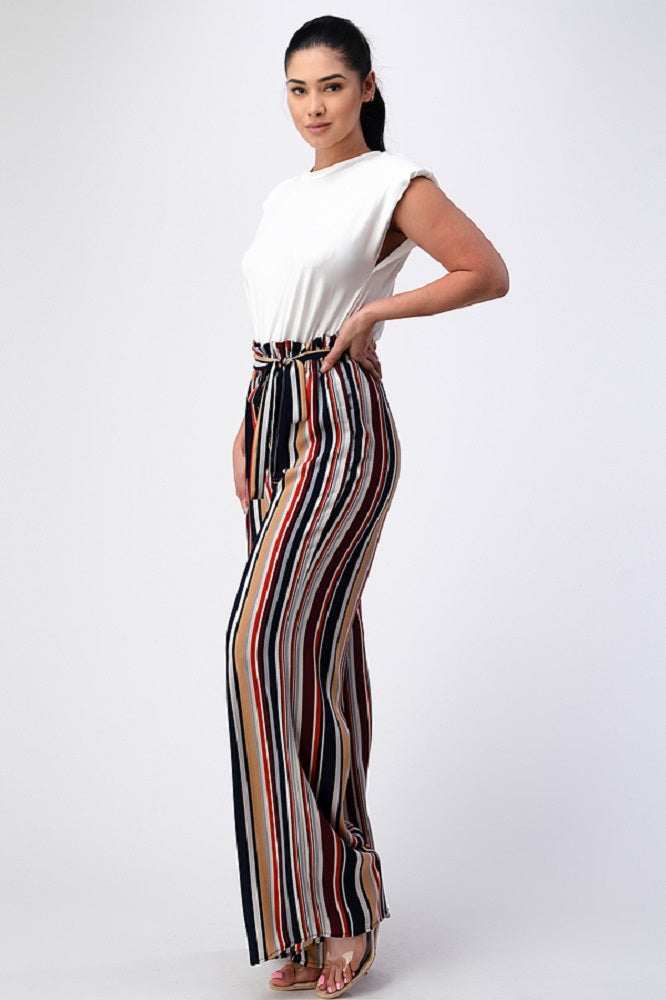 Padded Shoulder Sleeveless Top with Wide Leg Pants Jumpsuit