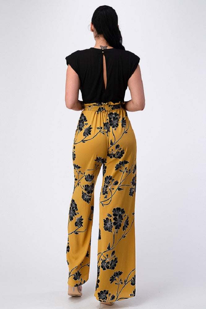 Padded Shoulder Sleeveless Top with Wide Leg Pants Jumpsuit