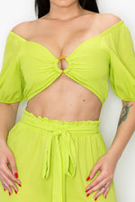 Puff Sleeve Crop Top with Wide Leg Pants 2 Pieces Set