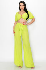 Puff Sleeve Crop Top with Wide Leg Pants 2 Pieces Set