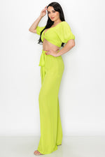 Puff Sleeve Crop Top with Wide Leg Pants 2 Pieces Set