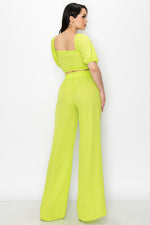 Puff Sleeve Crop Top with Wide Leg Pants 2 Pieces Set