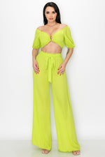 Puff Sleeve Crop Top with Wide Leg Pants 2 Pieces Set