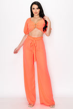 Puff Sleeve Crop Top with Wide Leg Pants 2 Pieces Set