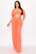 Puff Sleeve Crop Top with Wide Leg Pants 2 Pieces Set