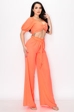 Puff Sleeve Crop Top with Wide Leg Pants 2 Pieces Set