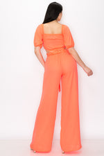 Puff Sleeve Crop Top with Wide Leg Pants 2 Pieces Set