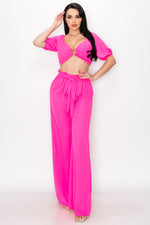 Puff Sleeve Crop Top with Wide Leg Pants 2 Pieces Set