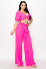 Puff Sleeve Crop Top with Wide Leg Pants 2 Pieces Set