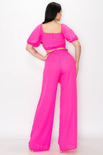 Puff Sleeve Crop Top with Wide Leg Pants 2 Pieces Set