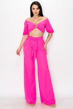 Puff Sleeve Crop Top with Wide Leg Pants 2 Pieces Set