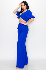 Puff Sleeve Crop Top with Wide Leg Pants 2 Pieces Set