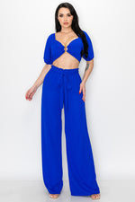 Puff Sleeve Crop Top with Wide Leg Pants 2 Pieces Set