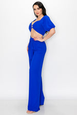 Puff Sleeve Crop Top with Wide Leg Pants 2 Pieces Set