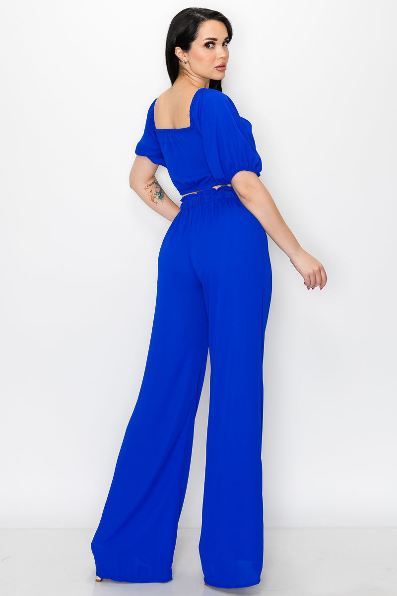 nsendm Womens Jumpsuits Dressy Women's 2 Piece Satin Outfits 2023 Spring  Casual Puff Sleeve Crop Tops Blouse and Long Palazzo Pants Set Blue X-Large  
