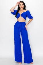 Puff Sleeve Crop Top with Wide Leg Pants 2 Pieces Set