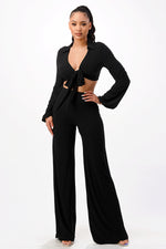 Tie Front Crop Top with Wide Leg Pants 2 Pieces Set