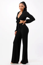 Tie Front Crop Top with Wide Leg Pants 2 Pieces Set