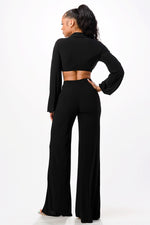 Tie Front Crop Top with Wide Leg Pants 2 Pieces Set