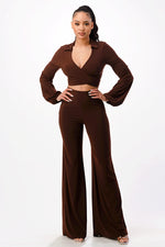 Tie Front Crop Top with Wide Leg Pants 2 Pieces Set