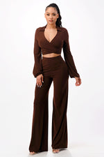 Tie Front Crop Top with Wide Leg Pants 2 Pieces Set