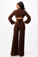 Tie Front Crop Top with Wide Leg Pants 2 Pieces Set