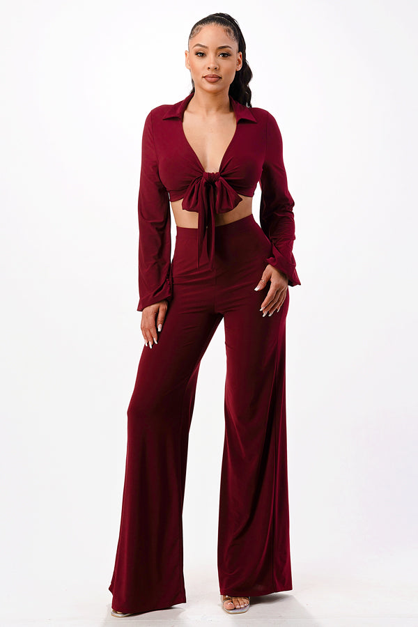 Tie Front Crop Top with Wide Leg Pants 2 Pieces Set