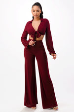 Tie Front Crop Top with Wide Leg Pants 2 Pieces Set