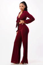 Tie Front Crop Top with Wide Leg Pants 2 Pieces Set