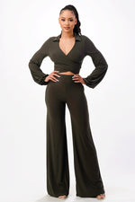 Tie Front Crop Top with Wide Leg Pants 2 Pieces Set