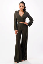 Tie Front Crop Top with Wide Leg Pants 2 Pieces Set