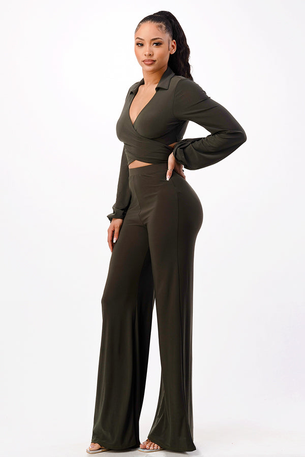 Tie Front Crop Top with Wide Leg Pants 2 Pieces Set