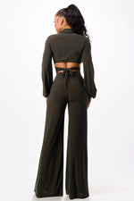 Tie Front Crop Top with Wide Leg Pants 2 Pieces Set