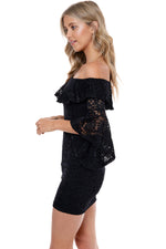 Off Shoulder Ruffle Bell Sleeve Crochet Lace Mini Dress