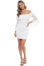 Off Shoulder Ruffle Bell Sleeve Crochet Lace Mini Dress