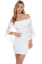 Off Shoulder Ruffle Bell Sleeve Crochet Lace Mini Dress