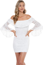 Off Shoulder Ruffle Bell Sleeve Crochet Lace Mini Dress