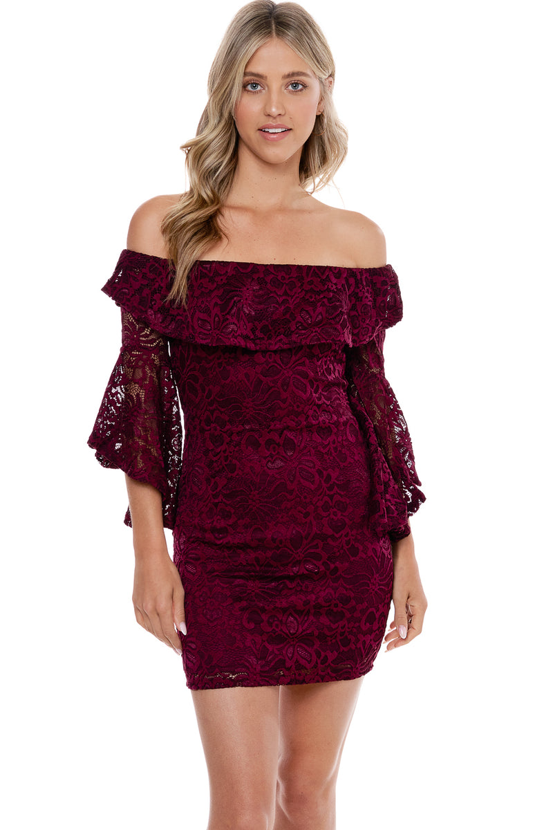 Off Shoulder Ruffle Bell Sleeve Crochet Lace Mini Dress