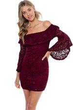 Off Shoulder Ruffle Bell Sleeve Crochet Lace Mini Dress