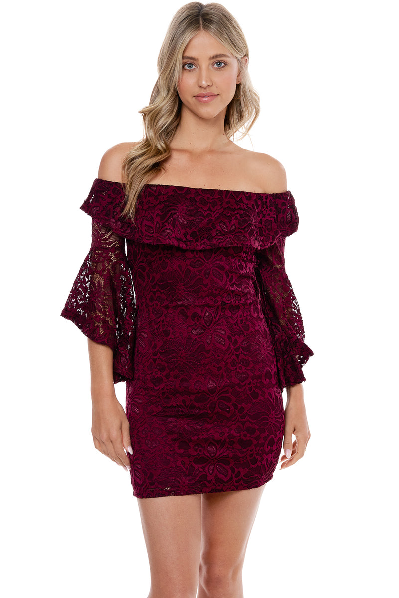 Off Shoulder Ruffle Bell Sleeve Crochet Lace Mini Dress