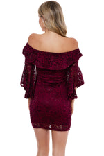 Off Shoulder Ruffle Bell Sleeve Crochet Lace Mini Dress